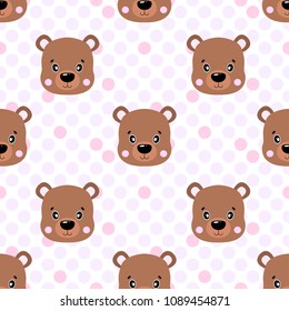 Seamless vector baby pattern with animals bear face. Illustration
