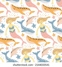 Seamless vector baby pattern with cute mermaids and whales on a white background. Cute children's pattern with the underwater world.