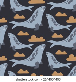Seamless vector baby pattern with cute fur seals and clouds on a gray background. Vector children's pattern with cute animals.