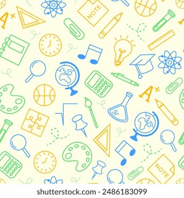 Seamless vector back to school color pattern. School objects