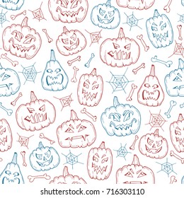 Seamless vector backdrop. Halloween linear texture with scary pumpkins, webs and bones. Simple illustration of the halloween elements.