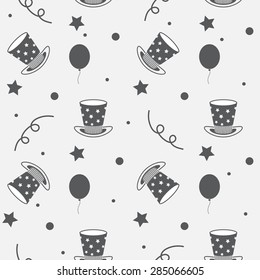 Seamless vector backdrop of tossing caps, balloons, ribbons and stars pattern. Retro style design elements for Independence Day. Forth of July wallpaper repeatable pattern
