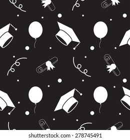 Seamless Vector Backdrop Of Tossing Graduation Caps, Balloons And Diplomas Pattern. Can Be Used For Web Page Backgrounds, Pattern Fills