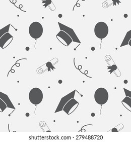 Seamless vector backdrop of tossing graduation caps, balloons and diplomas pattern. Can be used for web page backgrounds, pattern fills