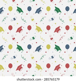 Seamless vector backdrop of tossing graduation caps, balloons and diplomas pattern. Education repeating celebration symbols. Can be used for web page backgrounds, pattern fills