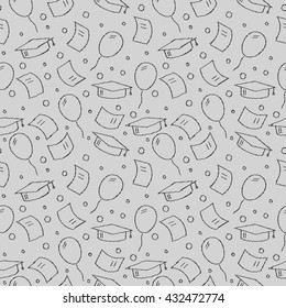 Seamless vector backdrop of tossing graduation caps, balloons. Education celebration symbols. Can be used for web page backgrounds, pattern, high school, gray background