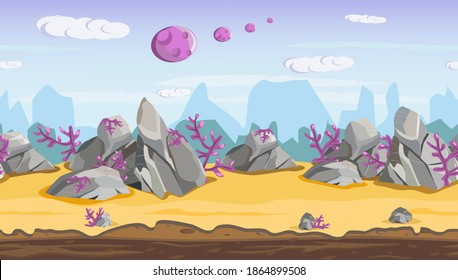 Seamless vector background for 2D games. Space landscape for game design. fantastic pictures from other planets, collection.