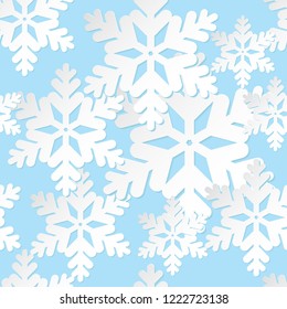 Seamless vector background with 3D decorative snowflakes. Happy Winter! Can be used for wallpaper, textile, invitation card, wrapping, web page background.