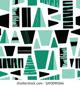 Seamless vector background abstract black teal green shapes. Geometric tribal style repeating pattern with trapezoids and blocks. Modern art grunge shapes pattern. 