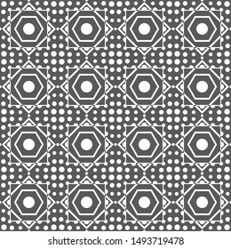 Seamless vector background. Abstract geometric pattern with rombs, squares, circles. Modern white and black ornament. Graphic design element.