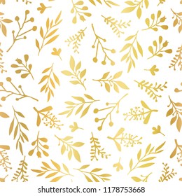 Seamless vector background with abstract gold foil leaves on white. Simple golden leaf texture, endless foliage pattern. Paper, pattern fills, web banner, party, cards, wedding, celebration, invite