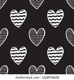 Seamless vector background of abstract hearts-Doodle. Hand-drawn decorative white hearts isolated on black for card, invitation, album, sketchbook, note, holiday wrapping paper, textile fabric.