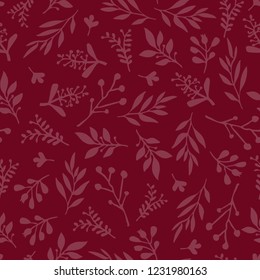 Seamless vector background with abstract leaves red. Simple leaf texture in red, endless foliage pattern. Subtle Christmas background. Paper, pattern fill, web banner, fabric, cards, invitation