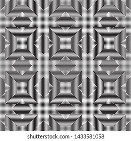 Seamless vector background. An abstract monochrome pattern with points and fat lines. A geometrical ornament of design of infinitely repeating rhombuses and rectangles.