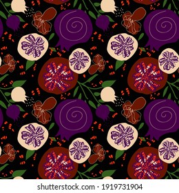 seamless vector background. Abstract pomegranates and flowers on black background