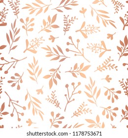 Seamless vector background with abstract rose gold foil leaves on white. Simple copper leaf metallic texture, endless foliage pattern. Paper, web banner, cards, wedding, celebration, invite, party