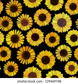 Seamless vector background of abstract sunflowers on black.
