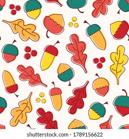 Fondo vectorial sin soldadura con bellotas, hojas y bayas. Composición de otoño.