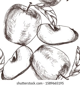Seamless vector background apples with leaves, Apple slices. Made in a linear vintage style. White background. Black lines on white background. Application: menu, textiles, packaging, labels.