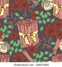 Seamless vector background with aromatic spices. Hand-drawn illustration.
