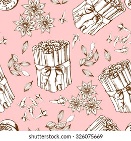 Seamless vector background with aromatic spices. Hand-drawn illustration.