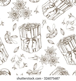 Seamless vector background with aromatic spices. Hand-drawn illustration.