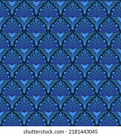 SEAMLESS VECTOR BACKGROUND IN ART NOUVEAU STYLE WITH BLUE PLANT ELEMENTS