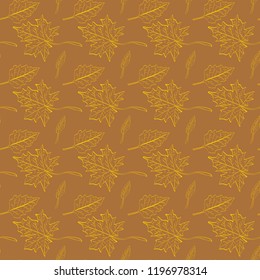 Seamless vector background of autumn leaves. Linear monochrome illustrations