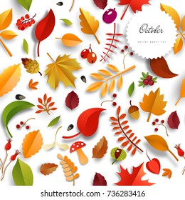 Seamless vector background. Autumn leaves, nuts, mushrooms and berries 