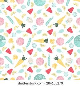 Seamless vector background with baby food in gentle pastel colors. Great for restaurant menu backdrop, healthy food concept. Vegetarian colorful texture. Great summer tile.

