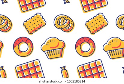 Seamless vector background with bakery products, biscuits, cakes in flat style.