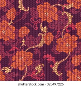 Seamless vector background with baroque pattern, imitation jacquard knitting