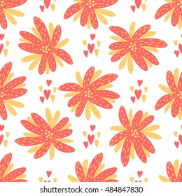 Seamless vector background. Beautiful abstract flowers in pink, yellow and white colors.