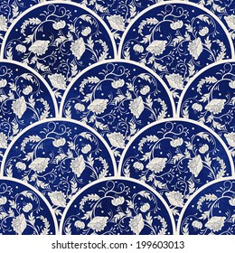 Seamless vector background. Beautiful floral round patterns. Imitation of chinese porcelain painting. Blue watercolor background. Hand drawing.