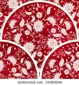 Seamless vector background. Beautiful floral round patterns. Imitation of chinese porcelain painting. Red watercolor background. Hand drawing.