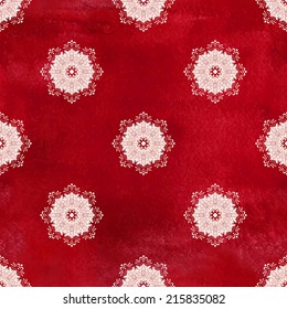 Seamless vector background. Beautiful floral round patterns. Imitation of chinese porcelain painting. Red watercolor background. Hand drawing.
