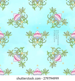 Seamless vector background. Beautiful floral square pattern. Lotus flowers and leaves are painted by watercolor. Imitation of chinese porcelain painting. Blue watercolor background. Hand drawing.