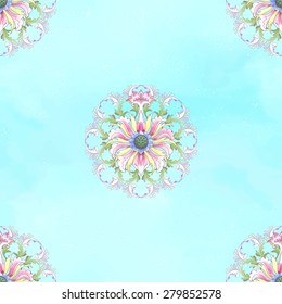 Seamless vector background. Beautiful floral round patterns. Imitation of chinese porcelain painting. Blue watercolor background. Lotus flowers and leaves are painted by watercolor. 