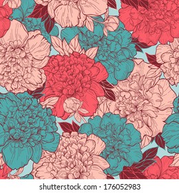 Seamless vector background with beautiful pattern of peonies. Romantic background in vintage style.