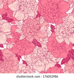 Seamless vector background with beautiful pattern of peonies. Romantic background in vintage style.