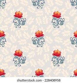 Seamless vector background. Beautiful pattern with fantasy flowers. Delicate ornament with leaves. 