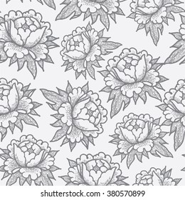 Seamless vector background with beautiful pattern of peonies. Romantic background in vintage style.