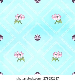 Seamless vector background with beautiful patterns. Imitation of chinese porcelain painting. Watercolor background. Hand drawing. Lotus flowers and leaves are painted by watercolor.