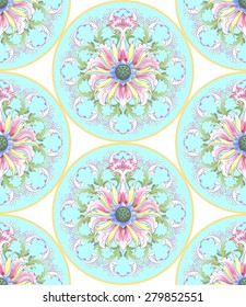 Seamless vector background with beautiful round patterns. Imitation of chinese porcelain painting. Hand drawing. Lotus flowers and leaves are painted by watercolor.