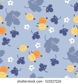 Seamless vector background with berries and leaves of gooseberry.