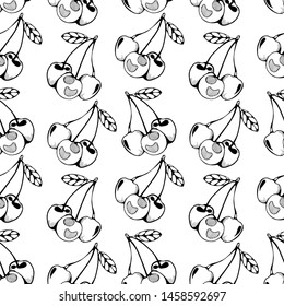 Seamless vector background. Berry black and white background with cherries.