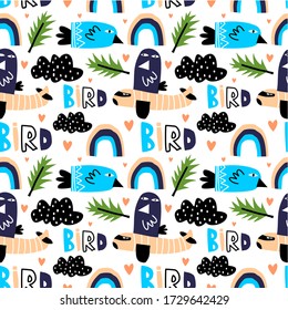 Seamless vector background with birds and botanical objects. Children style, for baby and kids.