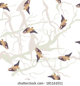 seamless vector background with birds and branches of trees