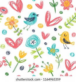 Seamless vector background with birds and flowers. Children style.