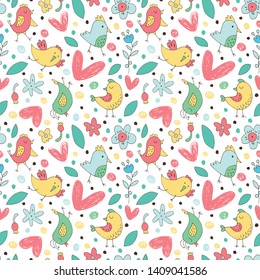 Seamless vector background with birds and flowers. Children style.